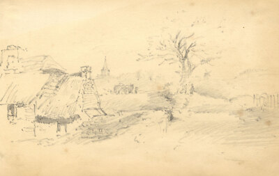 William Burgess von Dover Graphitzeichnung frühes 19. Jahrhundert ländliche Studie Kirche & Mühle
