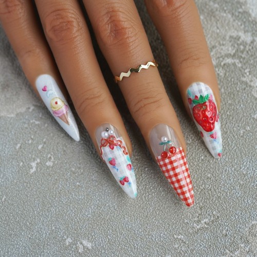 3 pièces autocollants à ongles crème glacée fraise en relief ultra fins 3D auto-adhésifs - Photo 4/9