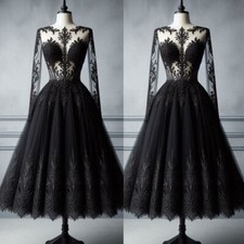 Gothic Black Tea Length Wedding Dresses Long Sleeves Lace Appliques Bridal Gowns