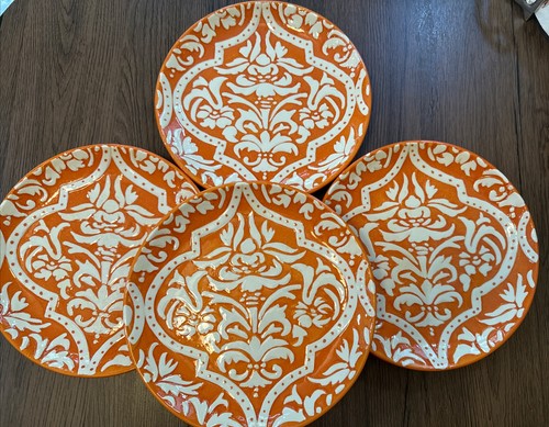 4 Pottery Barn Orange Baroque Dessert Salad Lunch Plates. Heavy, High-Quality.