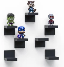 Black Plastic Wall Shelves 7-Pack, 4" Floating Mini Display, Easy
