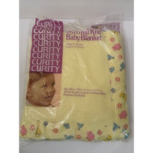 VTG Curity Thermal Knit Acrylic Yellow Baby Blanket Nylon Trim Hippos Bluebird