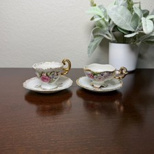 Vintage Enesco Miniature Floral Porcelain Teacup and Saucer Set of 2 Japan Gold