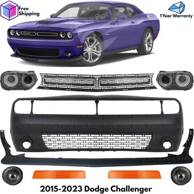 Front Bumper Cover Primed Plastic & Headlight Kit For 2015-2023 Dodge Challenger