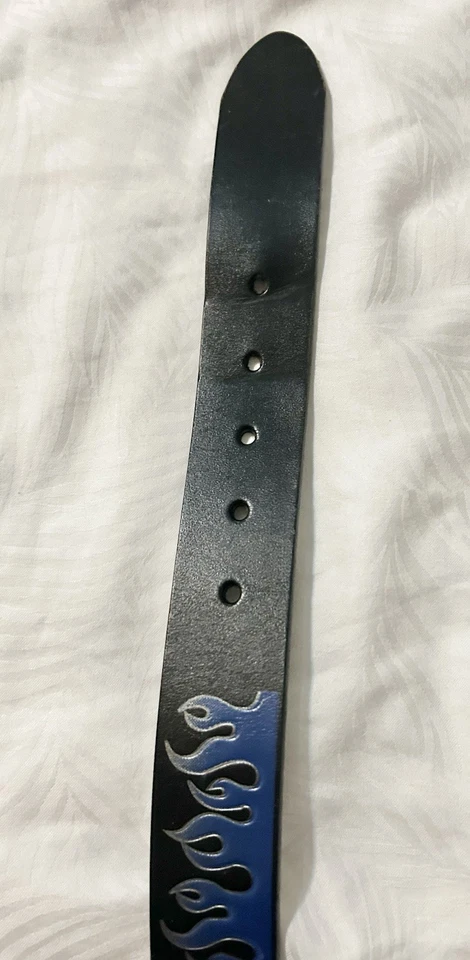 Vintage 90s Y2K Leather Skater Belt Blue Flame Rock Punk Grunge Size 36 USA Made - Image 4 of 4