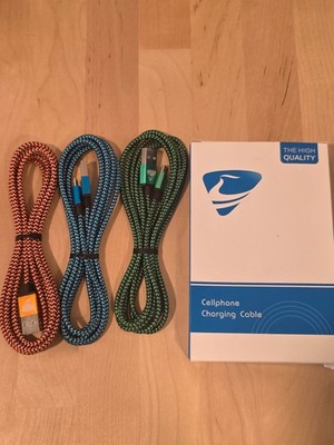 3 Pack 2m Braided USB-A to Micro USB Charging Cables Red Blue Green