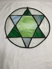 Vtg Leaded Stained Glass Round Sun Catcher Green Star of David Hanging 11