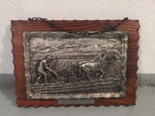 Vintage Wandbild Relief Bauer Pferd Metall Holz Landhaus Deko