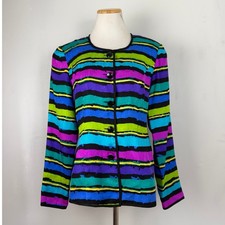 Vintage Striped Silk Blazer Jacket Womens Size Small 90s Bold Colorful Print