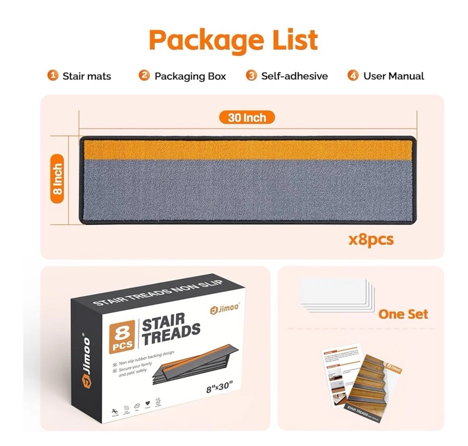 Paquete de 15 peldaños de escalera de alfombra para escalones de madera interiores 8" X 30" antideslizantes gris oscuro Foto 2 de 2