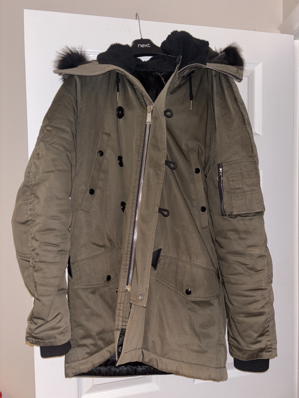 Mens Sandro Paris Khaki Green Faux Fur Lined Parka Jacket