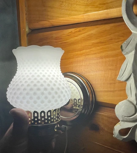 Vintage White Hobnail Milk Glass Hurricane Wall Sconce Lamp With Brass Finish