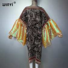 Bubble Sleeve Pleated Elastic Slim Dress Boho Beach Cover up Kaftan Abaya Dubai