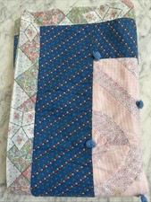 Vintage Handmade Patchwork Baby Quilt Blue Pink Floral Calico Hand Tied 34x45