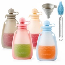 PandaEar Reusable Silicone Baby Food Pouches, 4 Pack 5 Piece Set, light blue