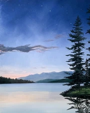 Original Oil Painting Landscape Twilight Lake with Pine Trees Night 8x10 Signed