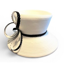 Rare Vintage Unique Kentucky Derby Church Brim Hat Clean White Beaded Black Bow
