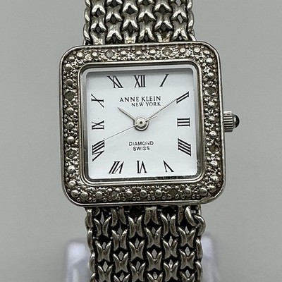 Anne Klein Womens Watch 22mm White Dial Diamond Silver Tone New Battery 7.5''