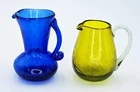 Crackle Glass Small Pitchers Blenko or Pilgrim Blue and Chartreuse