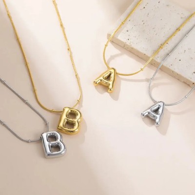 Initial Letter Pendant Necklace Stainless Steel Balloon Alphabet Chain Jewelry