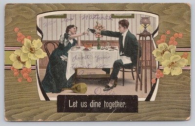 1910 Ouryville MO ''Let Us Dine Together'' Romantic Couple Mandolin Postcard
