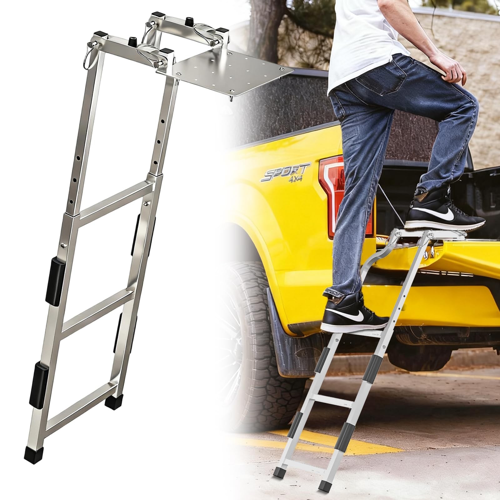 Tailgate Ladder for Pickup Trucks Bed Universal Fit - Rust-Proof Stainless St