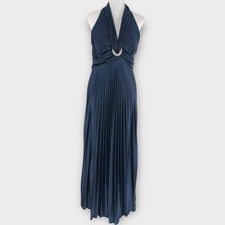 Betsy  Adam Satin Pleated Navy Blue Halter Plunge Dress Formal Wedding Prom 8