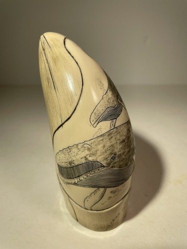 Vintage MH Cook Co denti di balena "Gobba" pezzo d'arte firmato COOK Alaska souvenir