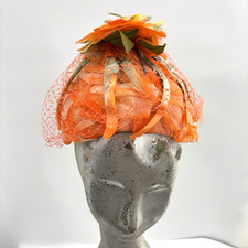 Vtg 1950s Orange Floral Netting Cocktail Hat Union Made Fascinator