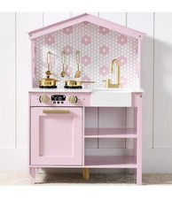 Pretend Play Wooden Farmhouse Kitchen Set w/ Storage, 5 Accessories