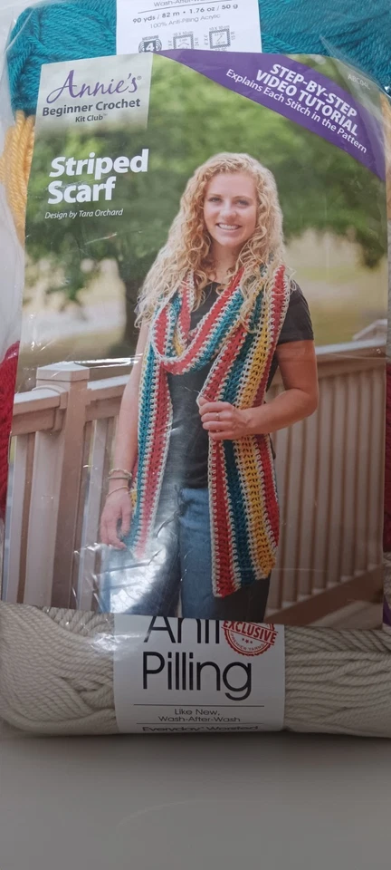 Annie’s Beginner Crochet Kit Club Striped Scarf New In Package Beautiful Colors - Image 4 of 4