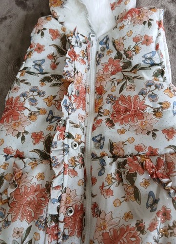 Little Lass Sleeveless Puff Coat Girl's Size 6 Fur Hooded Floral Print - Picture 6 of 6