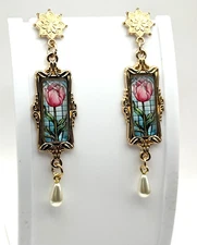 Renaissance Revival "Stained Glass" Rose Frame Art Dangle Victorian Earrings