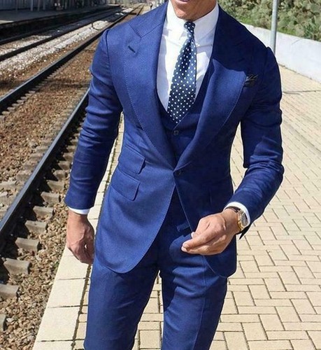 3 Pieza Azul para Hombre Traje Fiesta Baile de Graduación Trajes De Boda  Personalizado Groom el frac o de negocios | eBay