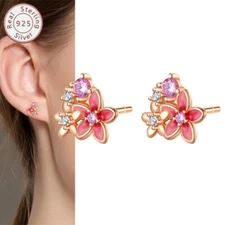 KUNSIR 925 Sterling Silver CZ Flower Stud Earrings For Women Wedding Party Gifts