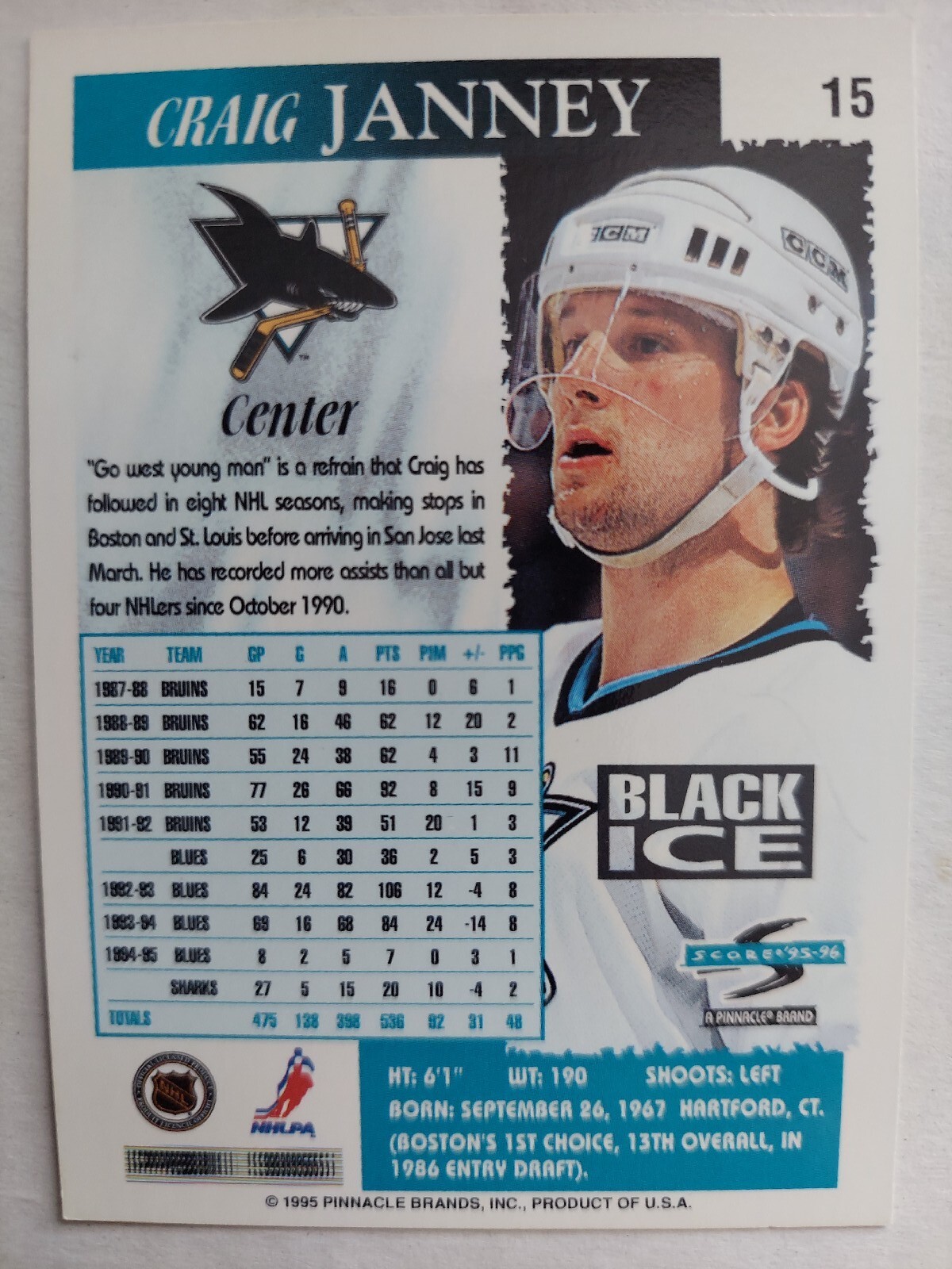 1995-96 Score - Craig Janney #15 Artist's Proof Black Ice for sale ...