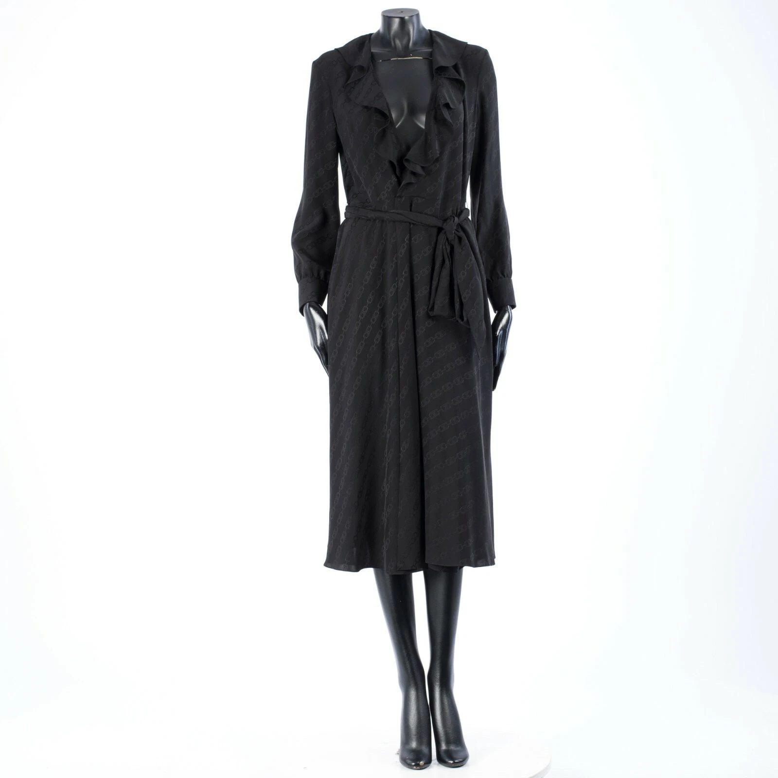 Celine — CELINE 3750$ Black Silk Midi Wrap Dress - Triompe Jacquard, Ruffled Collar