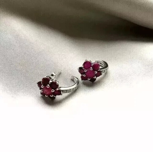Women's Huggie Hoop Earring 14K White Gold Plated Created Red Ruby 2Ct Round Cut - Picture 4 of 4