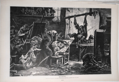 Monkey Academy Von Paul Meyerheim 1882 Schwarzweiß Druck 1 Exemplar Papier