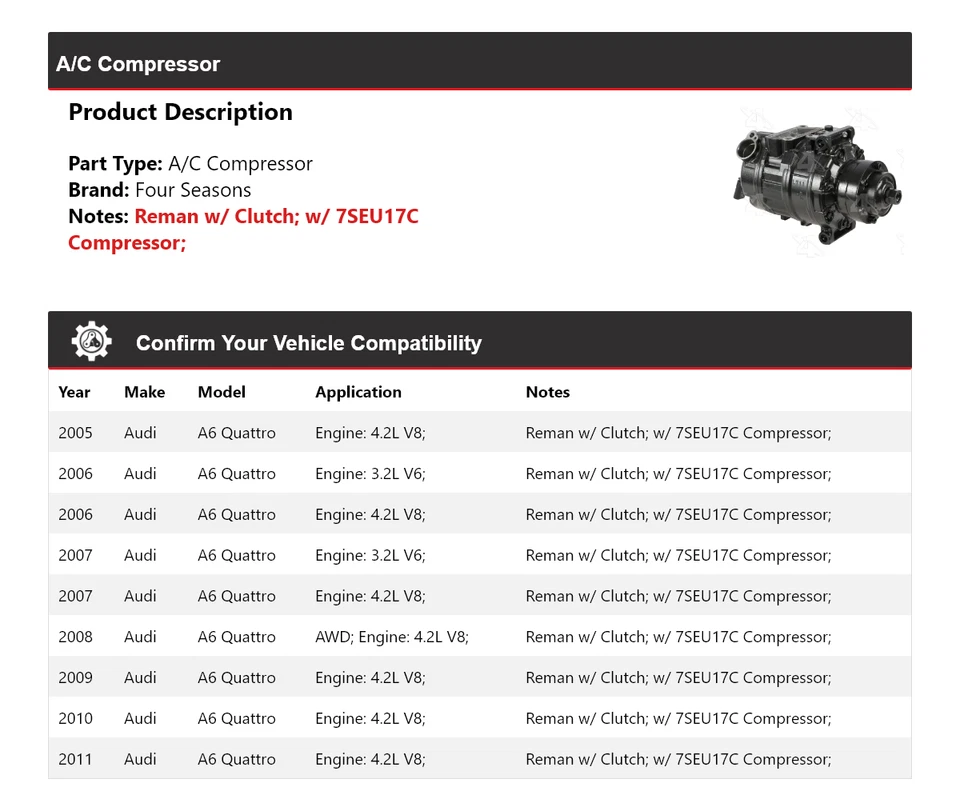 Compresor de aire acondicionado para Audi A6 Quattro 2005-2011 4 estaciones 2006 2007 2008 2009 2010 Foto 2 de 4