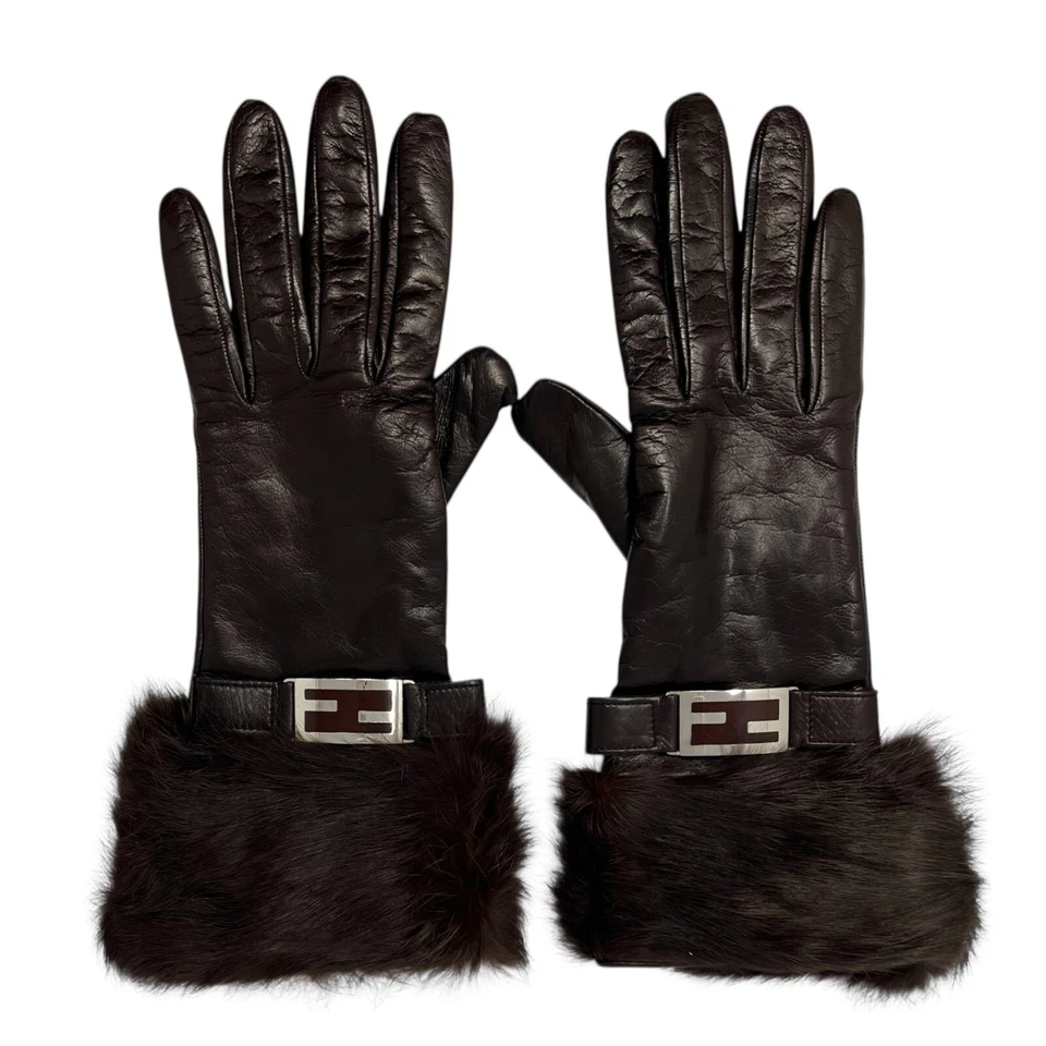 Guantes FENDI Vintage FF Logo #L Piel Moda Accesorio Marrón Plata Cuero Foto 4 de 4