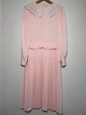 Vtg 90s Soft Pink Chiffon Blouson Dress with Lace Detail Collar - size 8