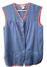 Vtg KANDY'S COVER UPS Womens S Art Smock Vest USA Made BLUE RED PLAID Pearl Snap