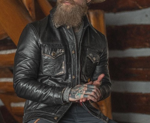 Mens Black Distressed Leather Trucker Jacket, Leather Jacket - Picture 3 of 4
