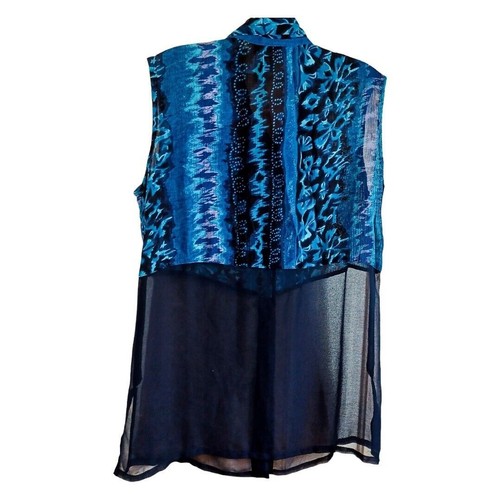 Equation Button Up Semi Sheer Button Up Blue Black Ruffle Sleeveless Sz M Tunic - Picture 6 of 8