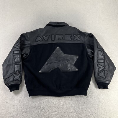 Avirex Varsity Wool Leather Jacket Mens 3XL Black Snap Button Zip
