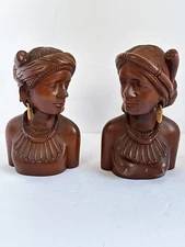 Vintage Hand Carved Wood Pair Igorot Tribal Busts Bride Groom 8" Tall