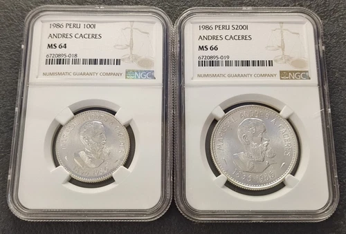 PERU 100 & 200 Intis 1986 Silver NGC MS64 & MS66 TOP POP Marshal Caceres