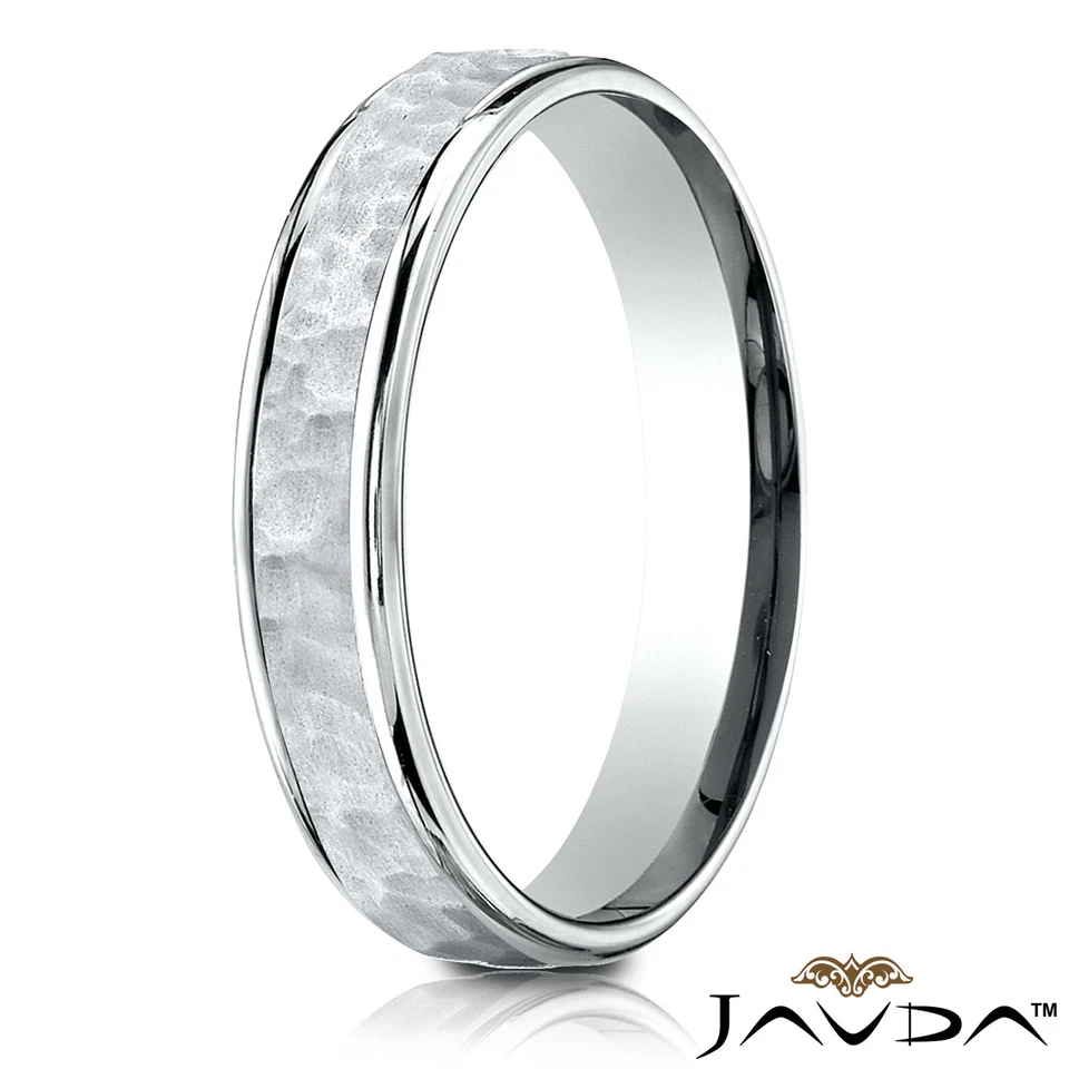 Hammered Finish Polished Edge 4mm Man Men's Women's Wedding Band White Gold Ring - Image 2 of 4
