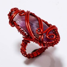 African Amethyst Gemstone Copper Ring Handcrafted Wire Wrap Gift Jewelry 8.5" T9